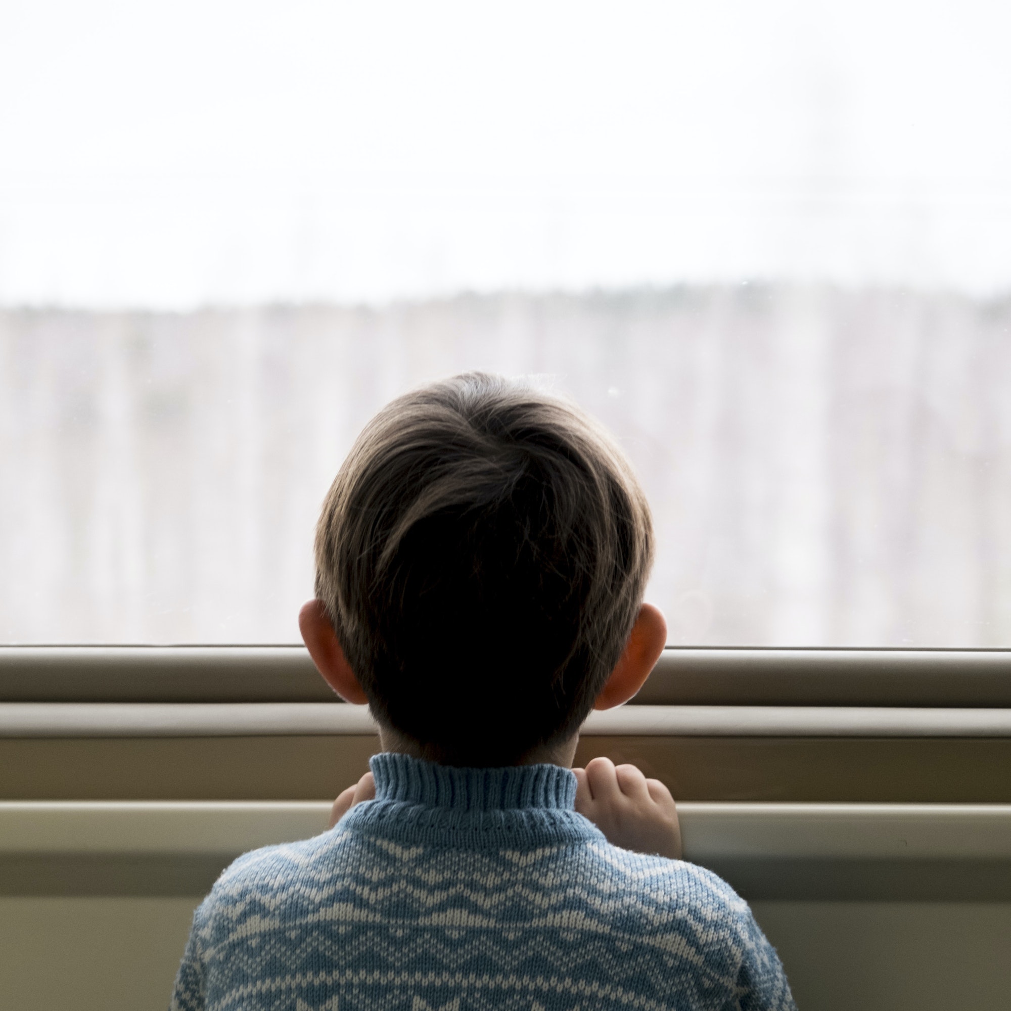 Rear view of boy looking out of window